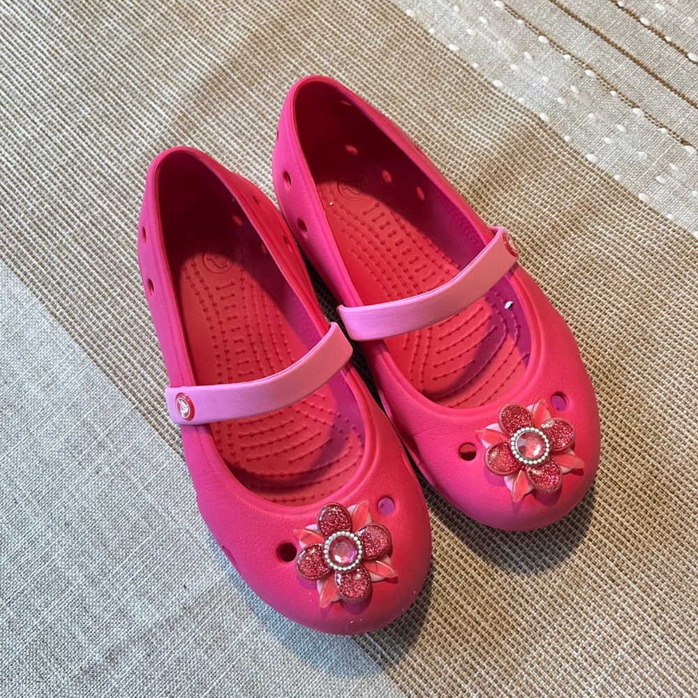 Crocs Kids Pink Mary Jane Flats with Glitter Flower Charm Size 12
